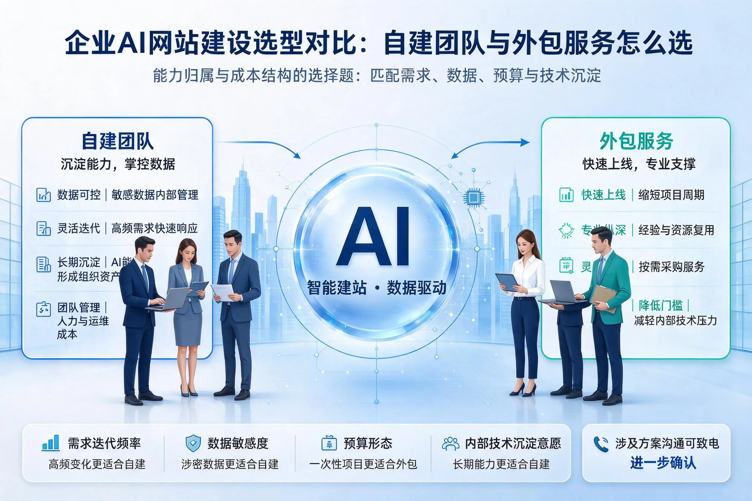 沧州企业AI网站建设选型对比：自建团队与外包服务怎么选